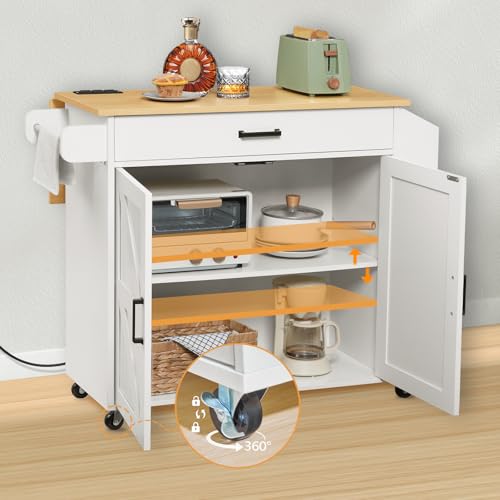HOOBRO Kitchen Island with Drop Leaf Countertop & Power Outlet, Rolling Island Cart on Wheels, Kitchen Cart with Drawer & Spice Rack, Mobile Island Table for Kitchen, White and Natural WN86UZD01 - color: Natural + White