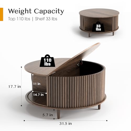 SULIVES Round Coffee Table with Storage,Mid Century Modern Coffee Table with Sliding Door,Fluted Center Table with Solid Wood Legs,Small Coffee Table for Living Room,Walnut - color: Walnut_round
