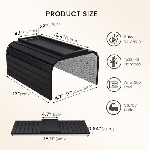 2 Pack Bamboo Folding Sofa Arm Tray with Anti-Slip Pad (Black) | Couch Armrest Tray,Foldable, Space-Saving Storage, No Assembly, universal arm fit,Gift box - color: Black