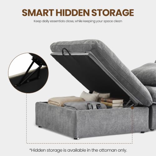 118" Cloud Modular Sofa, Convertible Modular L-Shaped Couch with Storage Ottoman, Cotton Linen Fabric Sofa for Living Room, Apartment and Bedroom, Removable Covers, 2 Pillows, Grey - color: Grey, size: L-Shape