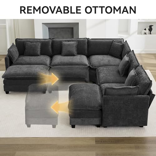 113'' V Shaped Cloud Sectional Sofa, Oversized Deep Seat Couches for Living Room, Chenille Comfy Upholstered Modular Sectional Sofa Couch with 2 Movable Ottoman, Dark Grey - color: Dark Grey, size: 113'' V Shaped+2 Ottoman