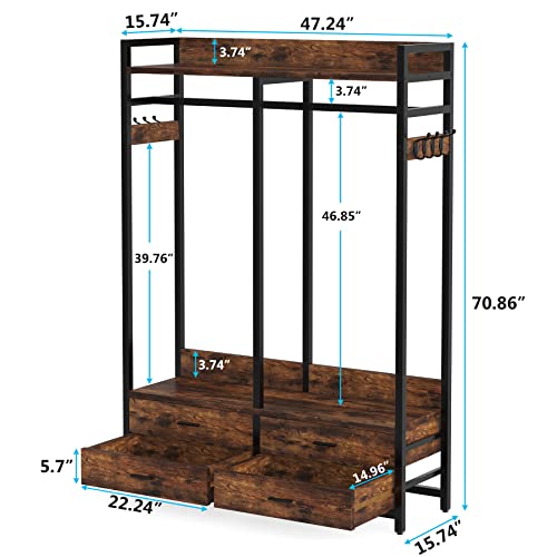 Tribesigns Freestanding Closet Organizer, Garment Rack with 4 Drawers | Heavy Duty Clothing Rack, Open Wardrobe Closet for Bedroom, 8 Hooks and Storage Shelves, Wood and Metal, Rustic Brown - color: Rustic Brown