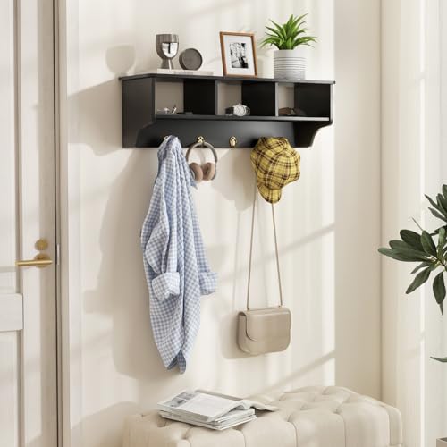 RELAX4LIFE Coat Rack Wall Mount with Shelf, 31’’ Wood Hanging Shelf with Storage, 3 Cubby Compartment & 4 Hooks for Entryway Bathroom Kitchen, Wall Mounted Floating Shelf with Hooks (Black) - color: Black