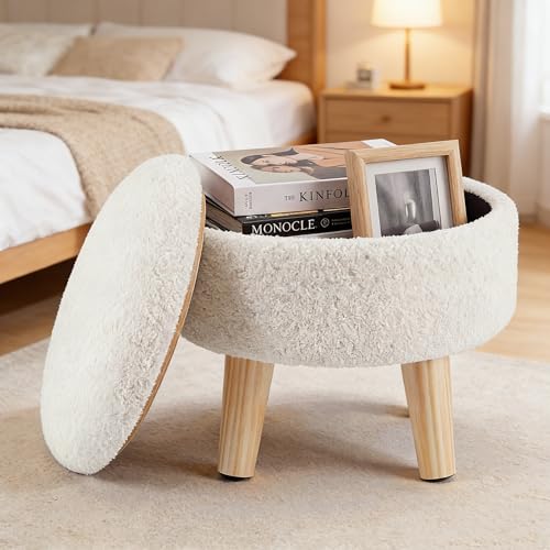 DUMOS Round Storage Ottoman with Reversible Tray Lid, Multi-Functional Footrest, Teddy Velvet Footstool with Wood Legs, Small Coffee Table for Living Room, Bedroom, Beige - color: Beige