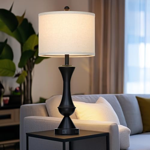 29" Black Tall Table Lamps for Living Room, Touch Control Bedroom Lamp with USB A+C Ports, 3-Way Dimmable Bedside Table Lamps Set of 2, Modern Metal Lamp for Nightstand - color: Black-2Pack