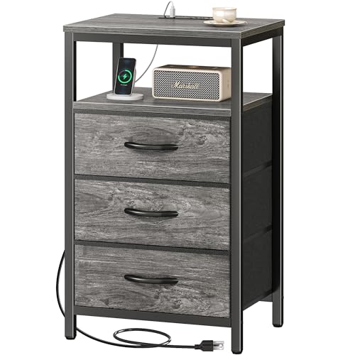 Huuger Nightstand with Charging Station, 27.6 Inch Bedside Table,Side Table | Night Stand with USB Ports and Outlets, End Table with Fabric Drawers, Night Stand with Charger Station, Grey - color: Grey, size: 11.8"D x 15.7"W x 27.6"H (3 Drawers)