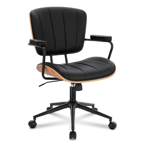 Mid Century Modern Walnut Leather Office Chair with Arms, Black | Fixed walnut bentwood back with armrests, height-adjustable swivel rolling base, PU leather seat, ideal for home office use - color: Black
