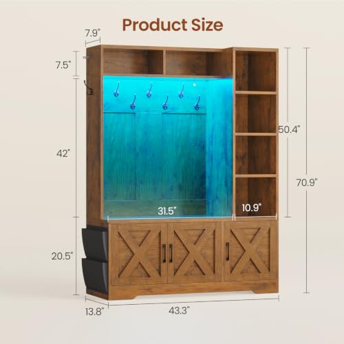 Itaar Hall Tree with Bench and Shoe Storage, Farmhouse Entryway Bench with Coat Rack, Shoe Cabinet with Adjustable Shelves, 6 Storage Cubbies, 10 Coat Hooks, Storage Bag, Led Lights, Rustic Brown - color: Rustic Brown, size: 43.3"