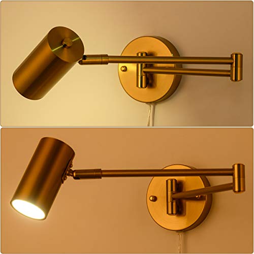 Gold Plug in Wall Sconces Set of 2 | Modern Swing Arms Wall Lamp, Plug-in Cord, Adjustable Wall Light, Light Source Included - color: A-Gold-2 Pack
