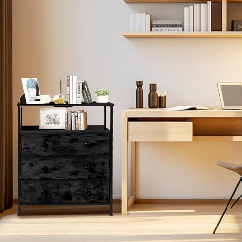 3-Drawer LED Nightstand with Charging Station, Black. | Engineered Wood and Steel, 2 AC and 2 USB ports, 24 Inch Wide, RGB App Control, Fabric Drawers, Open Storage Shelf - color: Black