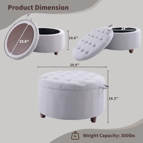30" Round Storage Ottoman Coffee Table, Tufted Lid & Wood Top, Gray | Nailhead Trim Solid Wood Legs Extra Large Footrest Linen-Like Fabric - color: Grey