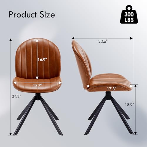 PU Leather Swivel Office Chair No Wheels, Small Comfy Mid Century Armless Desk Chair, Cute Swivel Vanity Chairs No Wheels for Small Spaces, Bedroom,Living Room,Home Office, Brown - color: Brown-pu