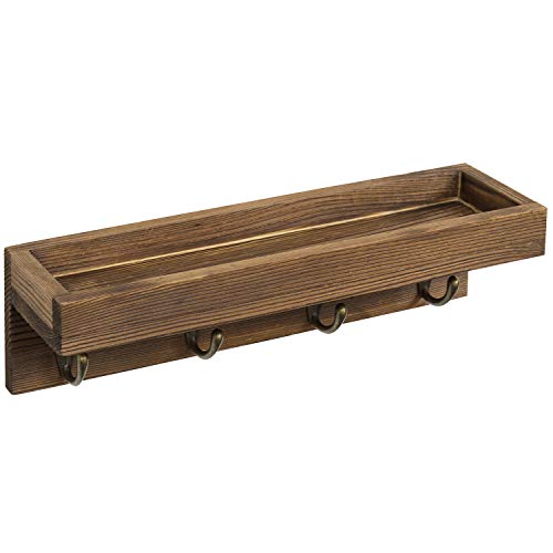 MyGift 10 Inch Brown Wood Wall Mounted Floating Shelf Key Rack with 4 Hooks | Four Metal Hooks, Space Saving Storage, Entryway Organization, Rustic Accent, Keys Mail Accessories Display - color: Dark Brown