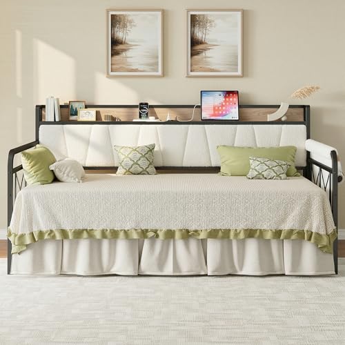 LIKIMIO Twin Daybed, Day Bed Frame with 2 Storage Drawers, Charging Station | Sofa Daybed with Boucle Upholstered Headboard, Storage Shelf & Bag, Strong Supports for Bedroom and Guest Room, Cream