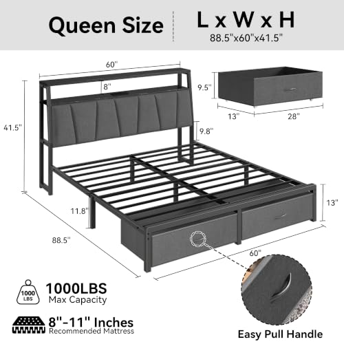 FreeHouse Queen Bed Frame with 2-Tier Storage Headboard and 2 Drawers, Grey | Upholstered Platform Bed with Charging Station & LED Lights,Fabric Drawers,Metal Slats, No Box Spring Needed, Noise-Free, - color: Grey, size: Queen