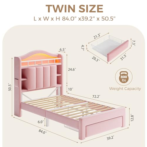 Pink Twin Size LED Bed Frame with Storage Headboard, Upholstered Velvet Princess Bed for Girls with 5 Charging Ports (USB-C & AC), Hidden Privacy Compartment, Sturdy Aluminum Frame & 1 Silent Drawers - color: Pink, size: Twin