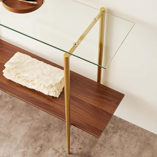 LumFurn Glass Console Table for Living Room, Foyer & Entrance, 2-Tiers Mid-Century Modern Sofa Table with Clear Glass Top, Walnut Finish Wood Top and Gold Finish Metal Frame - color: L40.9" Clear & Walnut