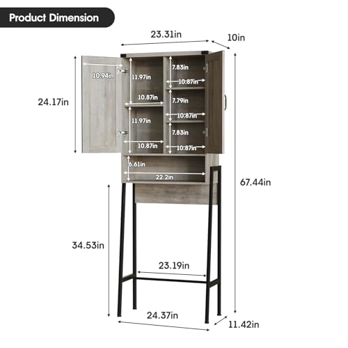 Vabches Over The Toilet Storage Cabinet with 2-Door Design Bathroom Organizers and Storage with Anti-Tip Device Over Toilet Organizer with Shelves for Bathroom,Restroom,Laundry Grey - color: Grey