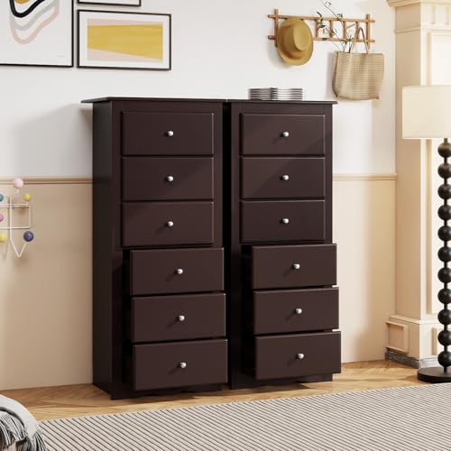 GIANTEX 6-Drawer Dresser for Bedroom, Wooden Chest of Drawers w/Metal Handles & Large Capacity, 16" D x 23.5" W x 53.5" H Clothes Organizer, Modern Tall Dresser for Bedroom, Entryway, Living Room - color: Brown