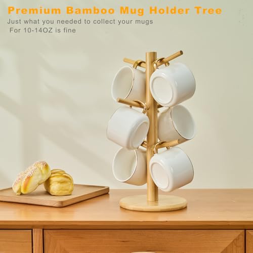 Bamboo Mug Tree for Counter, 6 Hooks Detachable Coffee Mug Holder, Decorative Mug Racks for Coffee Bar Organizer