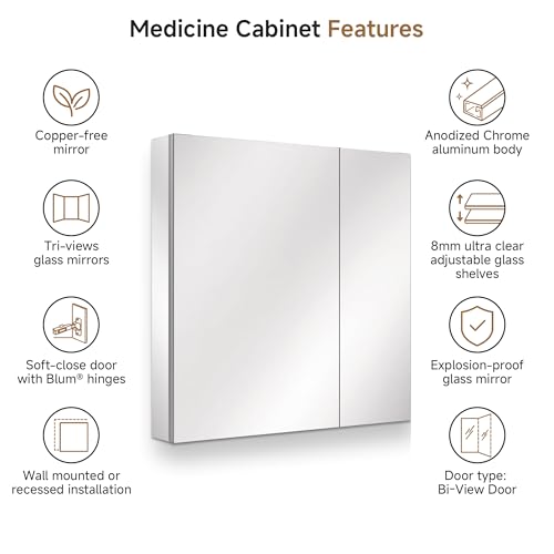 30" x 30" Bathroom Medicine Cabinet with Mirror, Recessed or Wall Mount | Medicine Cabinets with Adjustable Glass Shelves, Soft-Closed Hinge, Chrome Aluminum Frame, Reverse Installation - size: 30" x 30"