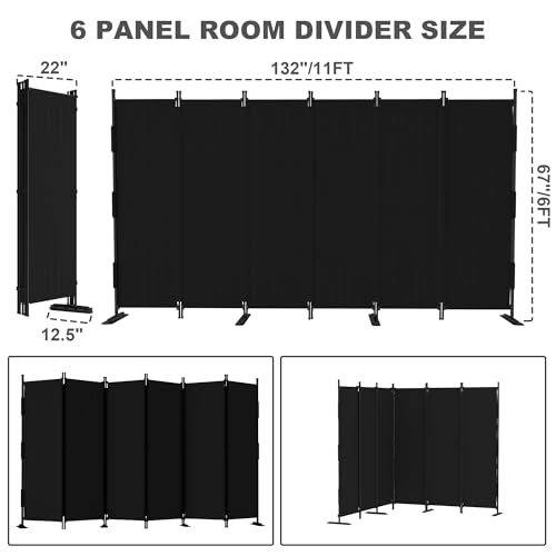 6 Panel Room Divider,6ft Folding Screen Portable Wall Partition Room Divider with 4 Metal Feet,Privacy Screen Indoor Doubles as a Cubicle Wall,Suitable for Bedroom Dressing Room Office - color: Black, size: 6 Panel-Upgrade