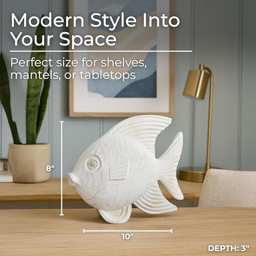 Coastal Fish Decorative Figurine – Handcrafted Polyresin Nautical Decor Sculpture – Figurines & Sculptures Home Decor for Office, Bedroom & Living Room – 10", Whitewash - size: 10"