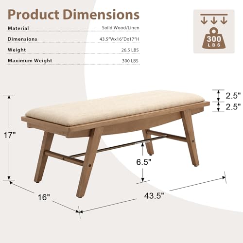 43.5'' Entryway Bench Linen Upholstered Shoe Benches Farmhouse Dining Table Benches for for Hallway Living Room Bedroom End of Bed, Beige - color: Beige, size: 43.5''