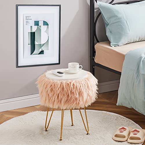 Faux Fur Storage Ottoman Round Furry Vanity Stool Marble Grain Tray Coffee Table Compact Footrest Stool with 4 Metal Legs Soft Makeup Seat Foot Stools Living Room Bedroom Entryway Champagne - color: Champagne
