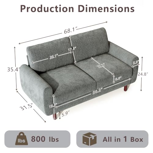 Ihanherry 68" Loveseat Sofa, Small Couch for Small Spaces, Comfy Chenille Sofa with Spring Cushion and Wood Frame, Mid Century Modern Couch, Deep Seat Couch for Living Room Bedroom Office, Grey - color: Grey