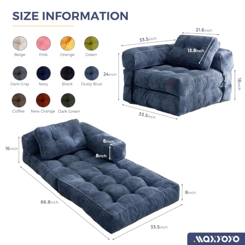 MAXYOYO Folding Sofa Bed, Convertible Chair Bed with Pillow | L-Shaped Floor Sofa with Armrest and Pillow, Foldable Portable Fold Out Comfy Chair Bed for Living Room Bedroom, Dusty Blue - color: Dusty Blue
