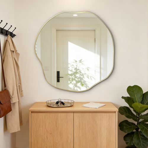 POZINO Scalloped Irregular Wall Mirror, 30" Asymmetrical Frameless Art Deco Mirror, Gold Wavy Decorative Accent Mirrors for Entryway Bedroom Fireplace Living Room, Horizontal or Vertical Hanging - color: Gold, size: 30"L x 30"W