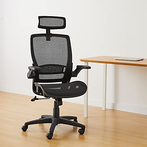 Amazon Basics Ergonomic High-Back Office Chair, Breathable Mesh, 360° Swivel, Easy to Assemble, Comfortable Flip-Up Armrests, 25.5"D x 26.25"W x 49.25"H, Black