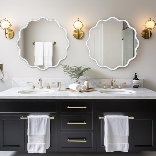 PROHOMEWARE White Round Mirror 24 Inch Wavy Bathroom Vanity Mirror White Frame Modern Wall Mirror Decorative Wall-Mounte Anti-Rust, Tempered Glass - color: White, size: 24"L x 24"W