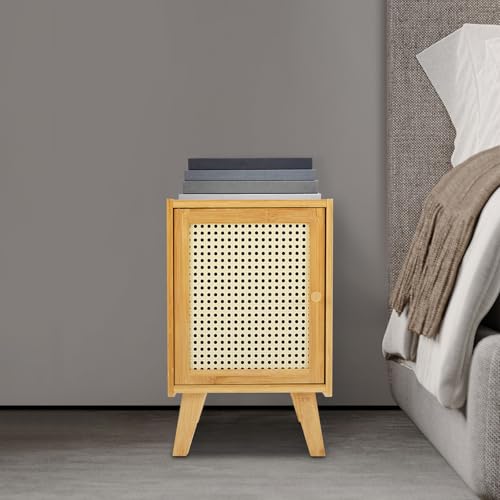 Nightstands Headboard with Legs, Boho End Table with Door, Wood Bedside Table for Bedroom, Dorm and Small Spaces (Wood Color) - color: Wood Color