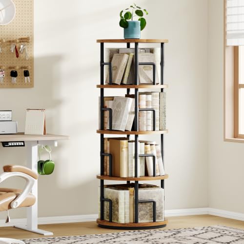 MAHANCRIS Rotating Bookshelf, 4-Tier Book Shelf, 360° Spinning Bookcase, Freestanding Storage Shelf with Guardrails, for Small Space, Living Room, Bedroom, Home Office, Rustic Brown and Black BKHR4401 - color: Rustic Brown, Black, size: 4-Tier