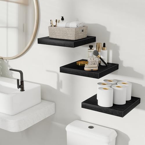 Fun Memories Floating Shelves for Wall, 12 Inch Set of 3 Rustic Wood Wall Shelves with Invisible Brackets, Heavy Duty Storage Display for Bathroom Bedroom Living Room Kitchen, Black - color: Black, size: 12"W x 12"D, Set of 3