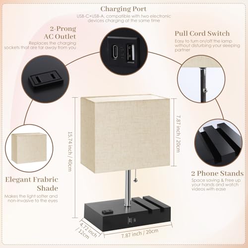 Smart RGB Dimmable Table Lamp Compatible with Alexa&APP&Remote Control, Bedside Desk Lamp with Charging Ports&Outlet&Phone Stand, Music Sync Nightstand Lamp for Bedroom Living Room Office Dorm, Beige | Bedside Desk Lamp with Charging Ports&Outlet&Phone St