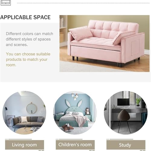 3 in 1 Convertible Sleeper Sofa Bed, Velvet Loveseat Futon Pull-Out Couch with Adjustable Reclining Backrest, Side Pockets and Pillows for Living Room, Bedroom, Apartment, Small Spaces (Pink-Velvet) - color: Pink-velvet