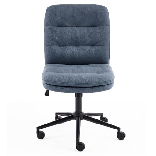 VINGLI Mid Back Armless Office Desk Chair with Wheels/no Wheels,360°Rocking Swivel Vanity Chair with Thickened Cushion,Adjustable Height Rolling for Reading Room, Make up, Linen Navy Blue - color: Navy Blue