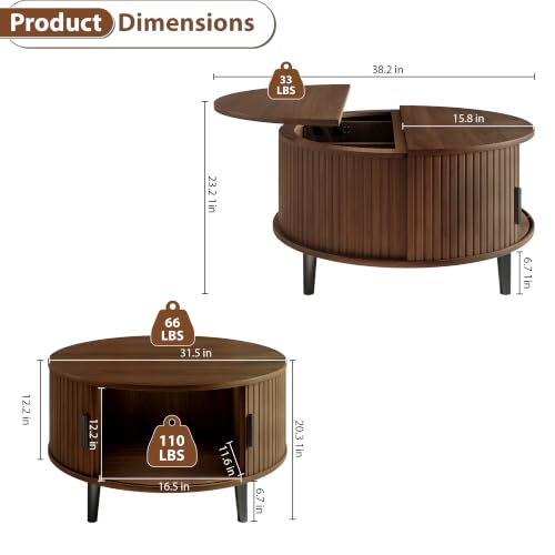 DreamDashio 31.5" Round Lift Top Coffee Table with Hidden Storage, Mid Century Modern Fluted Coffee Tables with Sliding Tambour Door, Small Wood Center Tables for Living Room, Small Space, Walnut