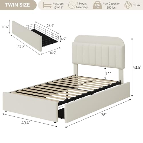 GarveeHome Twin Bed Frame, Platform Bed with Storage Headboard & Drawers | Boucle Upholstered Bed Frame for Kids, Bookcase Headboard, No Box Spring Needed, Easy Assembly, Ivory White - color: Ivory White, size: Twin