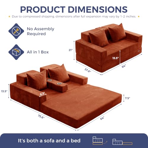 MAXYOYO Sofa Bed, 64-Inch Boneless Loveseat with 2 Cup Holders | Corded Orange 4-in-1 Sofa Converts Into a Floor Couch or Recliner Chair; Sofa-in-a-Box Needs No Assembly for Living Rooms - color: Corded Orange, size: Standard(64" Length)