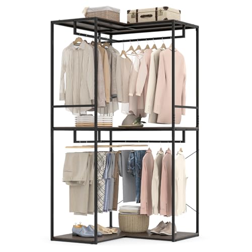 GIANTEX Heavy Duty Clothes Rack, 3-Tier L-Shaped Garment Rack w/3 Open Shelves & 2 Hanging Racks, Anti-Tippling Devices, Industrial Freestanding Closet Organizer for Bedroom, Living Room & Laundry