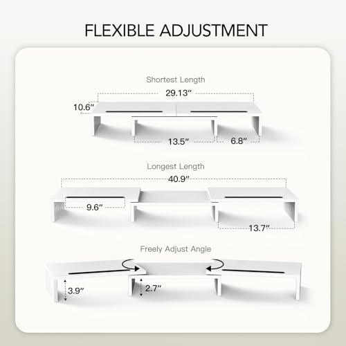 AMERIERGO Dual Monitor Stand Riser- 3 Shelf Screen Stand with Adjustable Length and Angle, 2 Extra Functional Slot Desktop Organizer Stand for PC, Computer, Laptop (White) - color: White