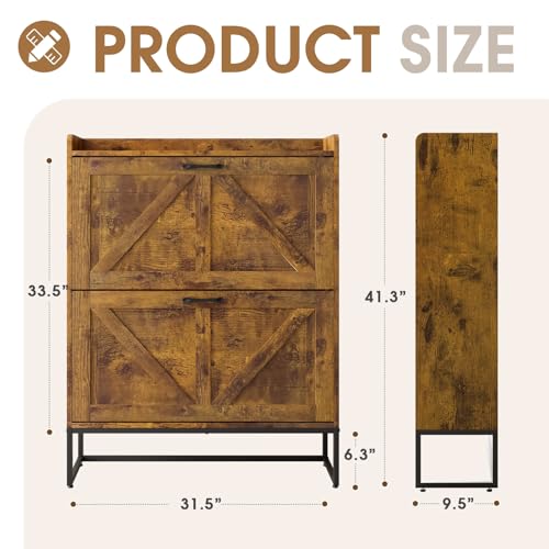 GRUSIGN Shoe Cabinet, Shoe Storage Cabinet with 2 Flip Drawers & Adjustable Shelf, Space-Saving Shoe Organizer – Holds 16+ Pairs, Narrow Shoe Cabinet Storage for Entryway/Hallway(Brown) - color: Brown