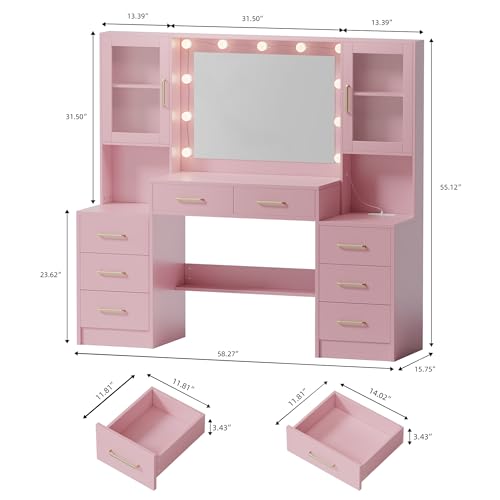 TOKSOM Large Pink Vanity Desk with Mirror and Charging Station, Makeup Desk with 8 Drawers, 2 Cabinets and Lots Storage, Dressing Table Vanity Set for Girls 58.3 inch - size: 58.3 inch, style: Modern Pink