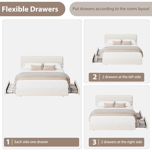GarveeHome Bed Frame with 2 Storage Drawer, Cream Beige, King | Teddy Fleece Thick Upholstered Platform Bed Frame with Adjustable Headboard, No Box Spring Needed - size: King