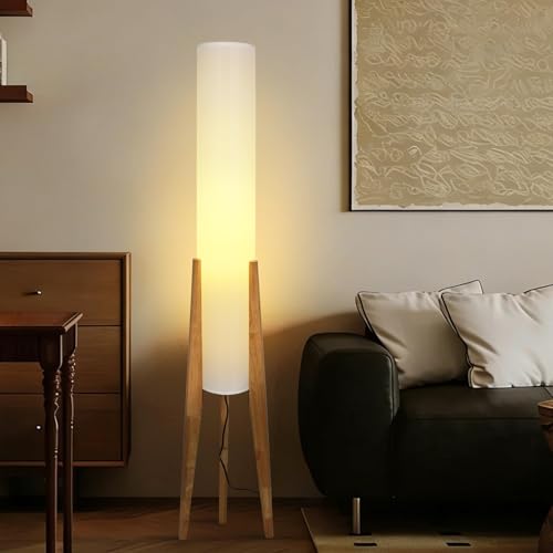 Wabi-Sabi 50" Wood Tripod Floor Lamp with Paper Lantern Inspired | Tall Linen Fabric Shade, E26 3-Color Temperatures Bulb Included, Foot Switch, Natural Wood For Living Room, Bedroom, Office - color: Natural Wood