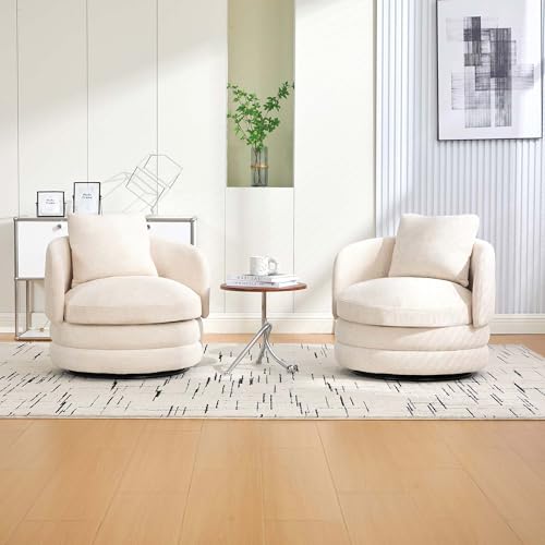 360° Small Swivel Accent Chair, Round Swivel Barrel Chair with Round Backrest & Wide Seat, Comfy Chenille Barrel Chairs for Living Room, Bedroom Easy 15-Min Assembly, Boucle (Beige) - color: Beige